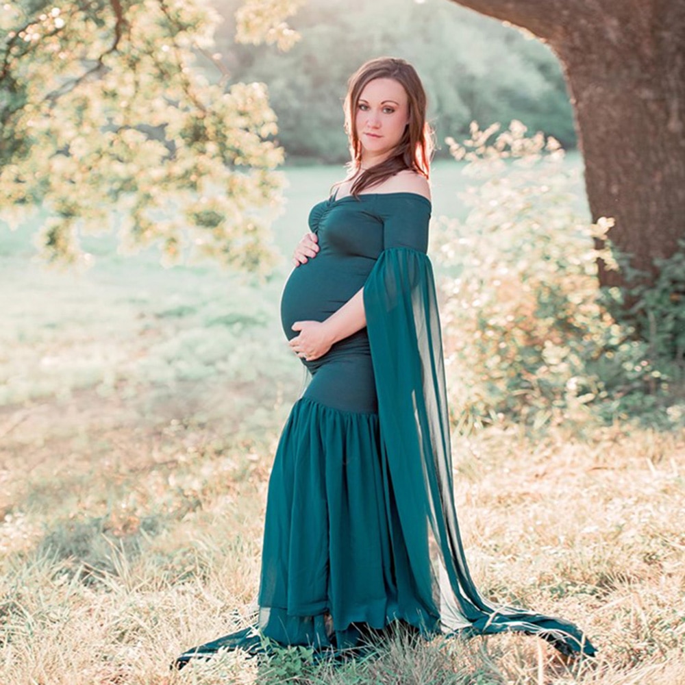 D&J Maternity Dress for Photo Shoot Maxi Maternity Gown Extend Long Sleeves Fancy Women Maternity Photography Props
