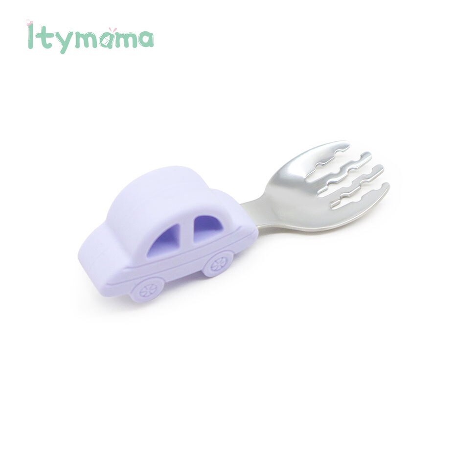 Baby matsked gaffel servis set rostfritt stål baby träning sked bil silikon handtag småbarn servis matningsverktyg: Lila gaffel