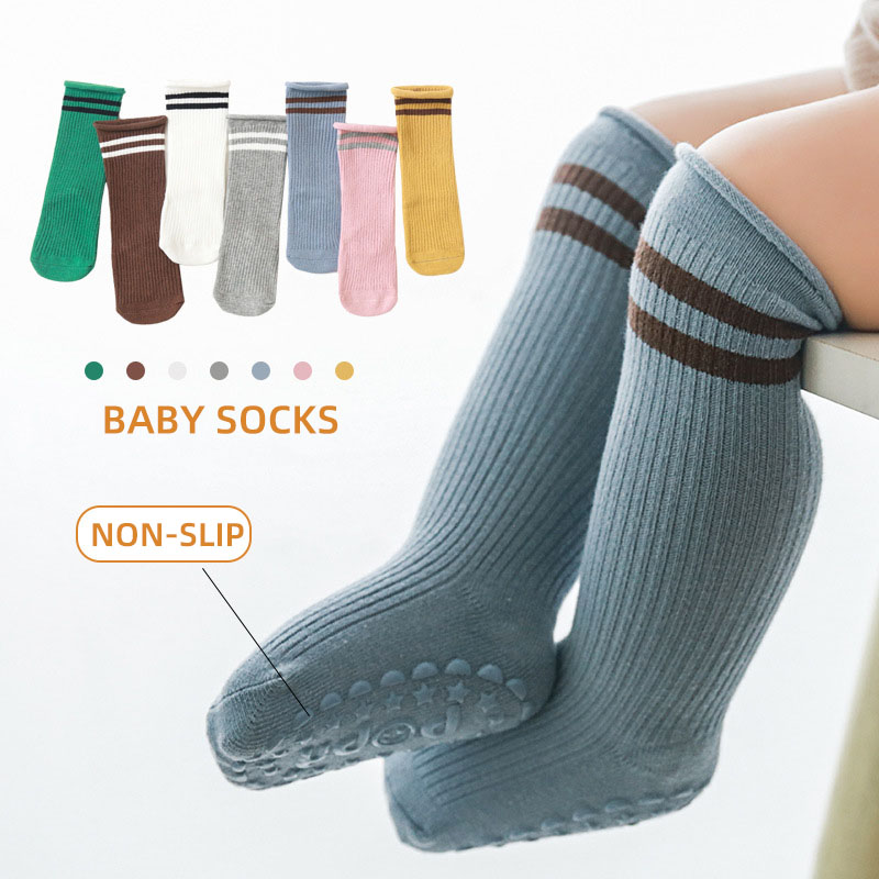 Calzini lunghi in cotone con suola antiscivolo inverno autunno tinta unita a righe 0-12 mesi calzini lunghi da bambina calzini da pavimento per interni