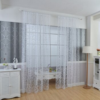 Cortinas de tul para puertas y ventanas, cortinas de tul con estampado Floral, de estilo Retro, en 6 colores, transparentes y ahuecadas: White