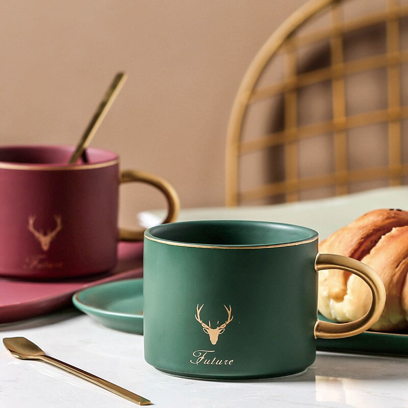 Ceramics Coffee Cup Saucer Spoon Set Milk Tea Coffee Mugs Breakfast Bread Dessert Plate Dish Cup Set Home Office Drinkware