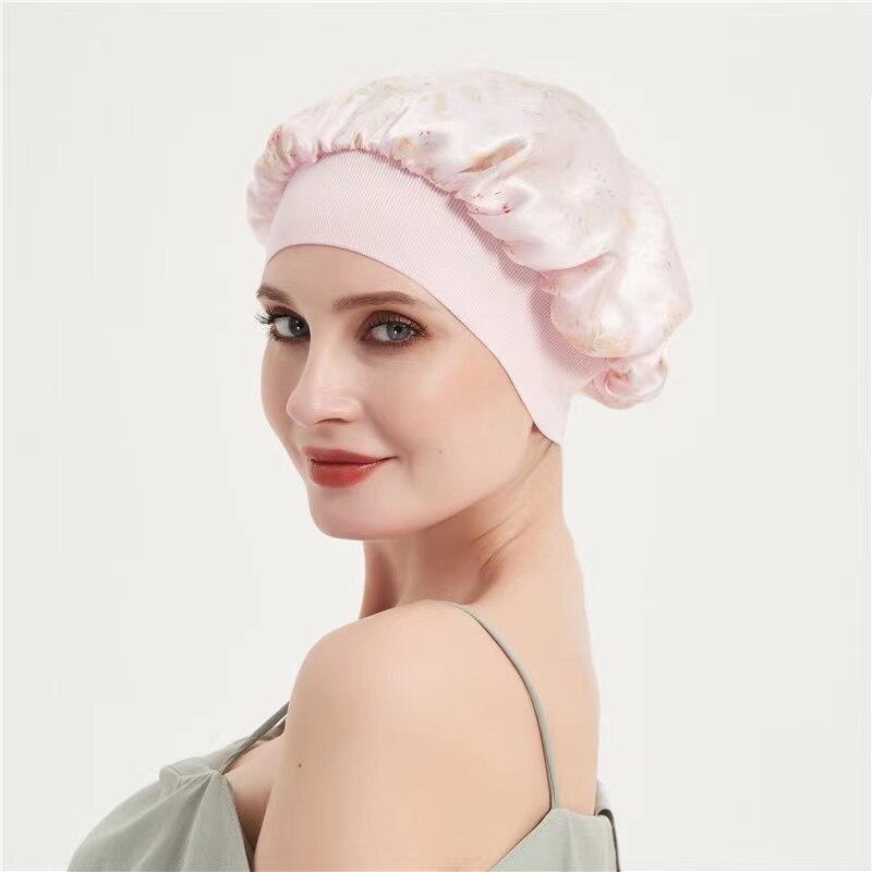Style 100% Mulberry Silk Night Sleep Cap Elastic Women Shower Caps Big Bonnet For Lady Sleep Cap 19 Momme