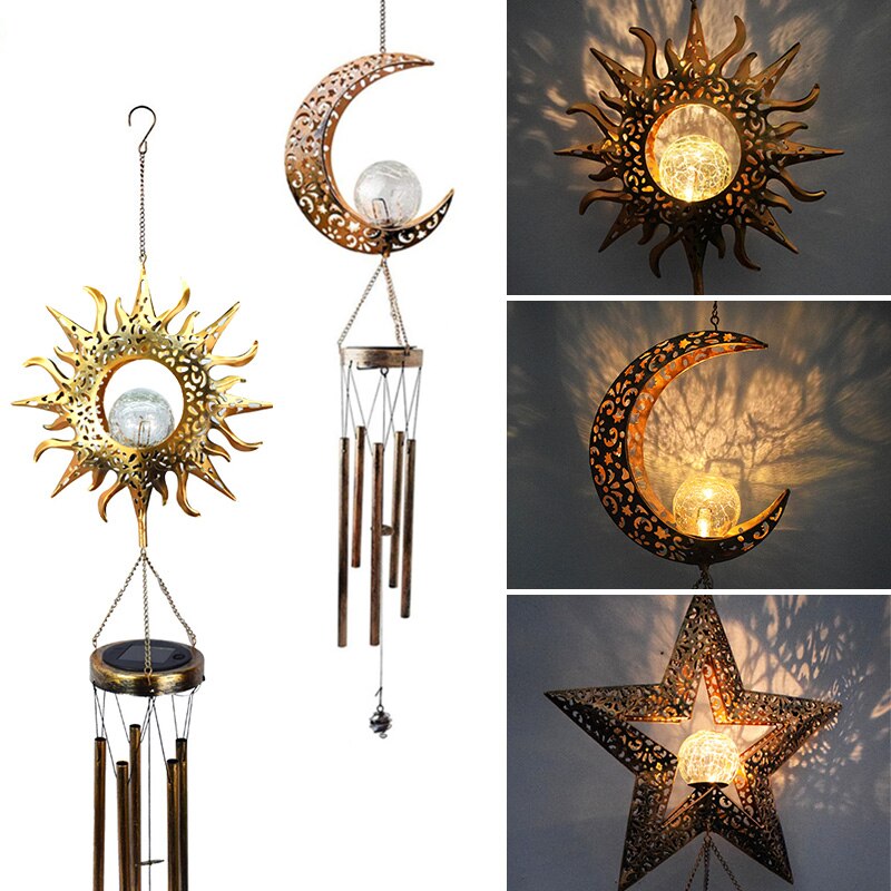 Wind Chimes Solar Lights Garden Decoration Hanging Aeolian bell Solar Lamp With Moon Star Sun Shape for Home Festival Decorative