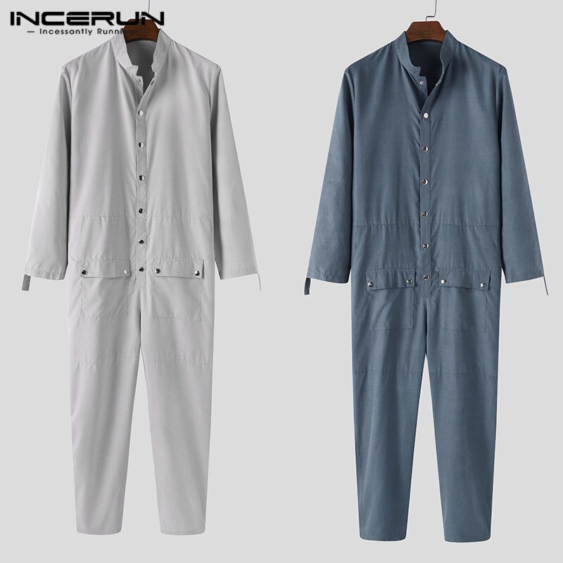 Incerun herre jumpsuits stander krave langærmede cargo smækbukser casual knap streetwear romper herre seler plus str. 7