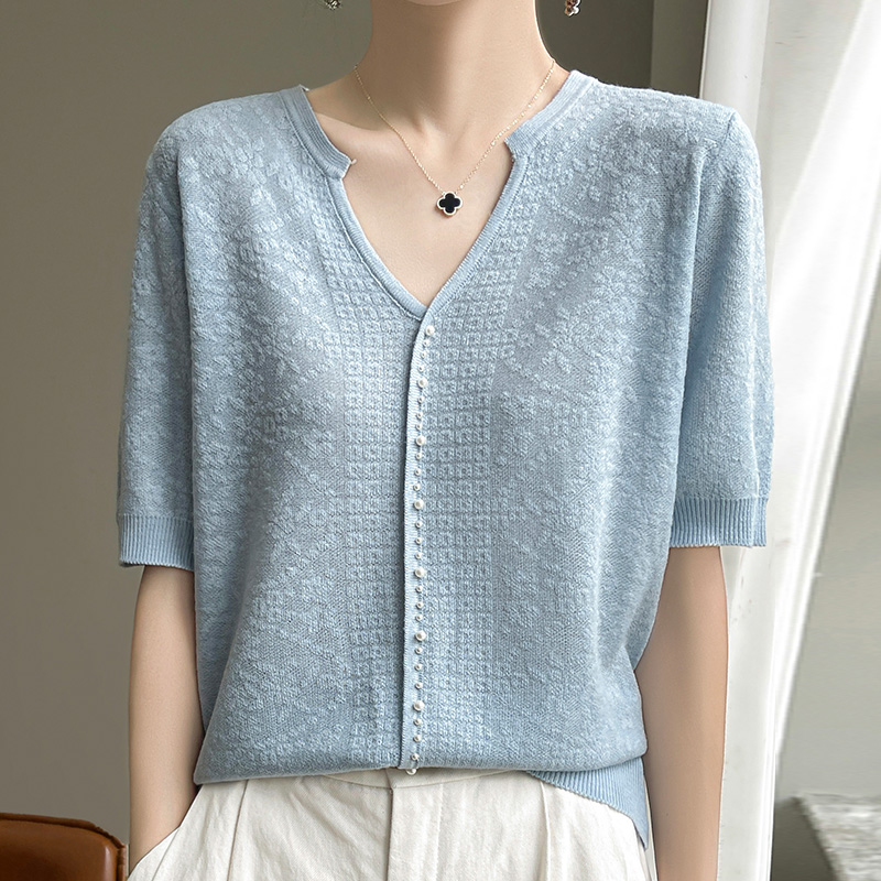 Kip Hart Kraag Ijs Zijde Korte Mouwen Dames Zomer Effen Kleur Dunne Franse Mode Losse Zijden T-shirt Top: L / Sky Blue