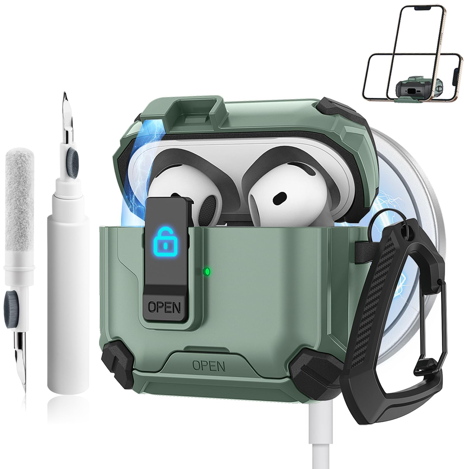Etui til airpods 4 med magsafe magnetisk automatisk lås med telefonstativ beskyttelsesdeksel med rengjøringssett etui til airpods 4: Lysegrå