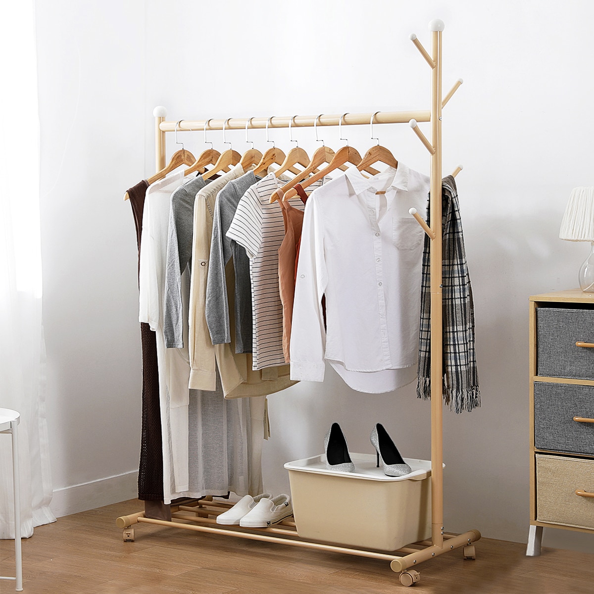 HOME ORGANIZER Multifunctional Clothing Rack Steel Rod Hanging Clothes Rolling Garment Rack Organizer Indoor Hanger