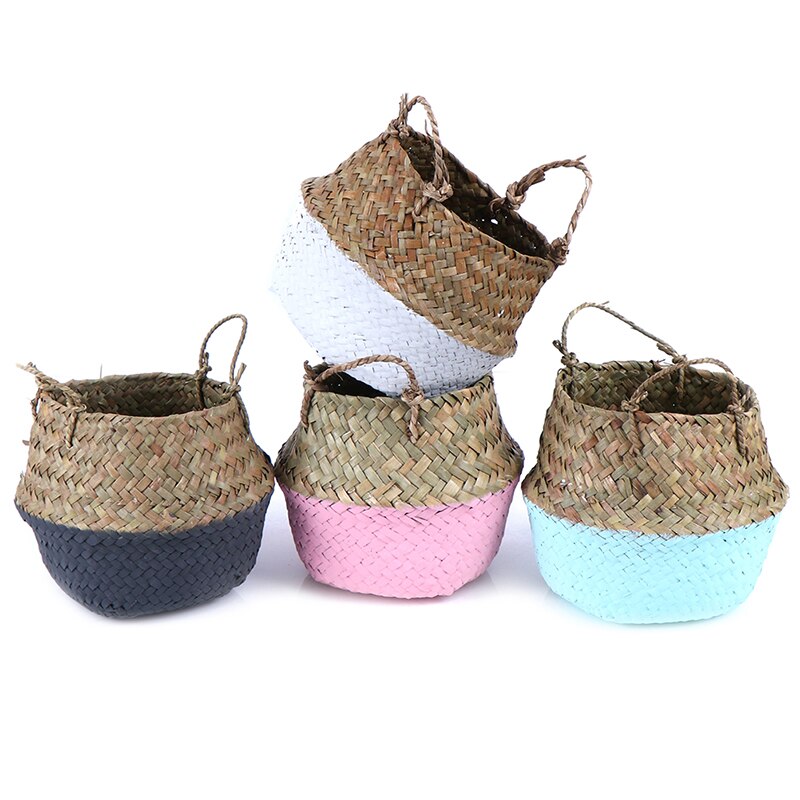 Mini Bamboo Storage Baskets Foldable Laundry Straw Patchwork Wicker Rattan Seagrass Belly Flower Pot Planter Handmade Basket