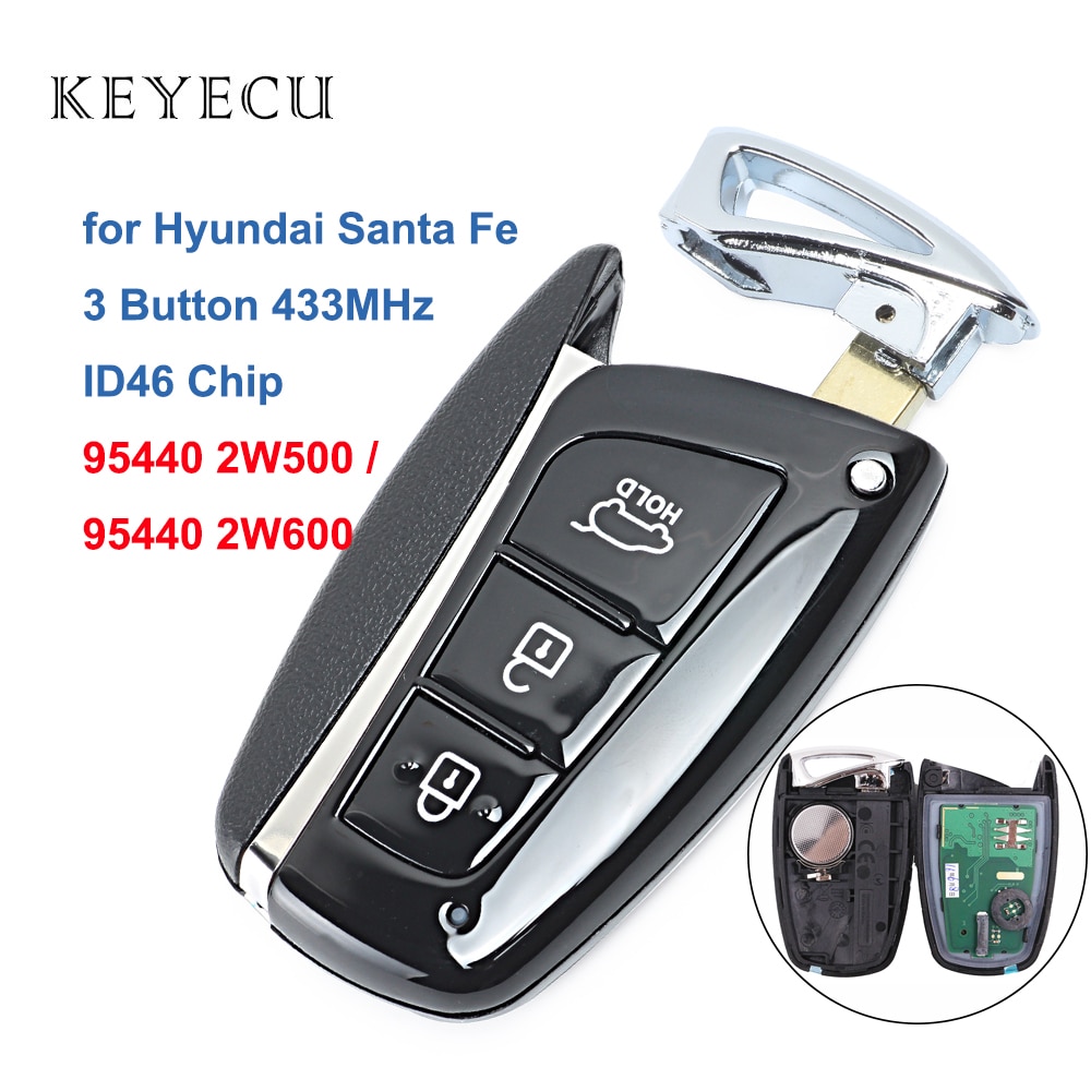 Keyecu Smart Afstandsbediening Autosleutelzakje 3 Knoppen 433 Mhz ID46 Chip Voor Hyundai Santa Fe Fcc id: 95440 2W500 / 2W600