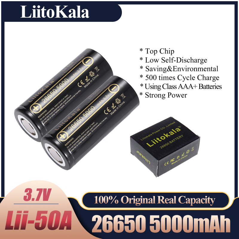 Hk liitokala lii -50a 26650 5000 mah litiumbatteri 3.7v 5000 mah 26650 oppladbart batteri 26650-50a egnet for flashligh