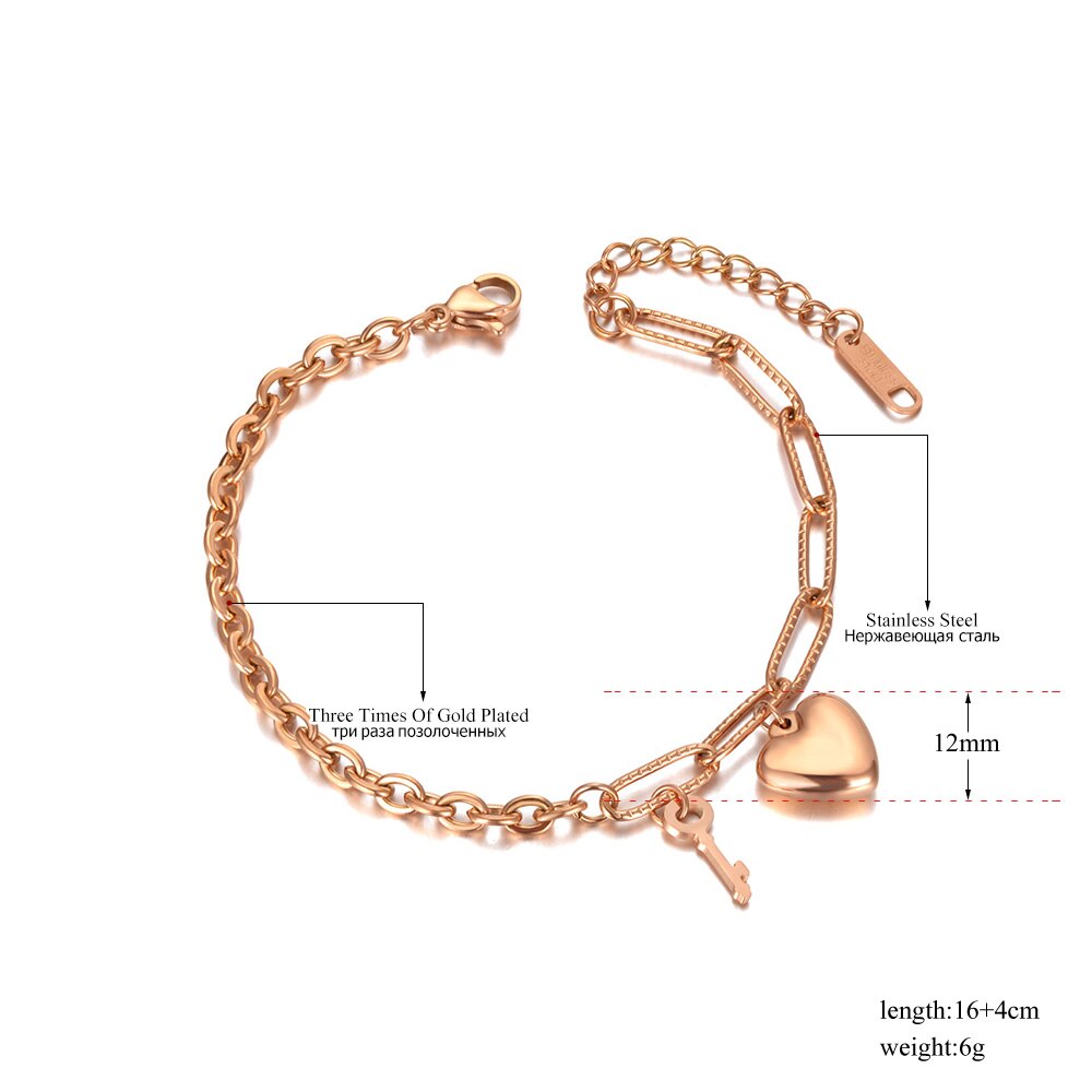 Lokaer Rvs Sleutel &amp; Heart Charm Armbanden Voor Vrouwen Meisje Bohemen Rose Gold Chain &amp; Link Armband Sieraden b20067