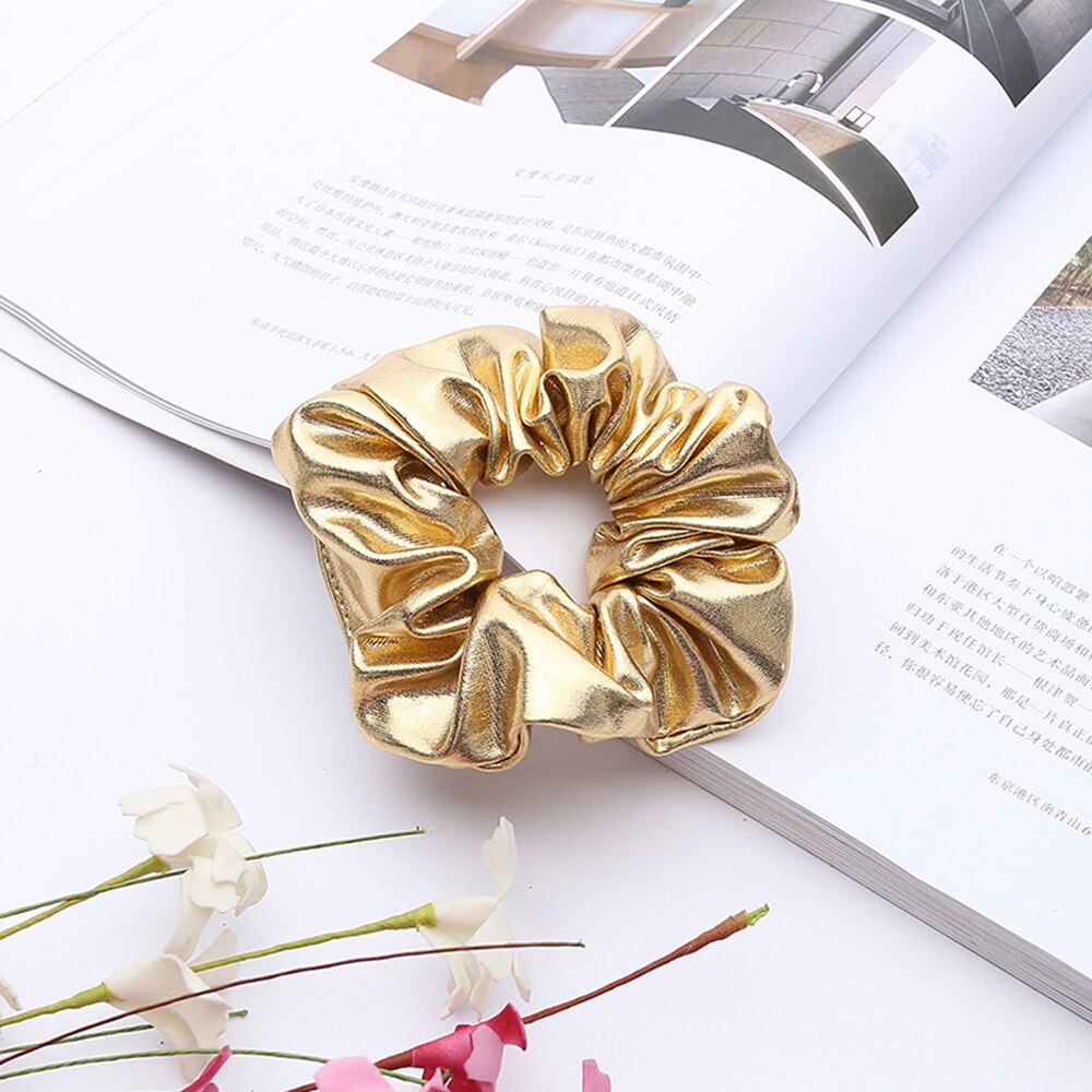 Bandana de piel sintética para niña y mujer, bandas elásticas para pelo, coletero, accesorios para el cabello, color dorado y negro, novedad de: Gold