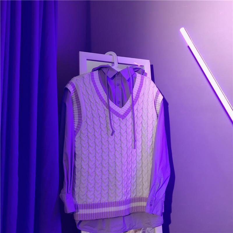 Sweter kamizelka kobiety piękne fioletowe koreańskie popularne dekolt w serek nastolatki skręcony sweter cały mecz jesień moda Femme bez rękawów dzianiny