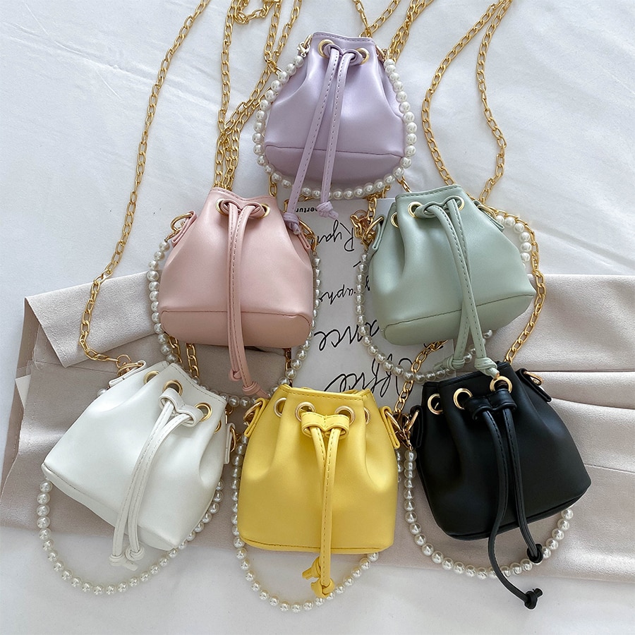 Dames mini emmertas parel handtas pu leer effen kleur ketting schoudertassen kleine schattige dames crossbody handtas