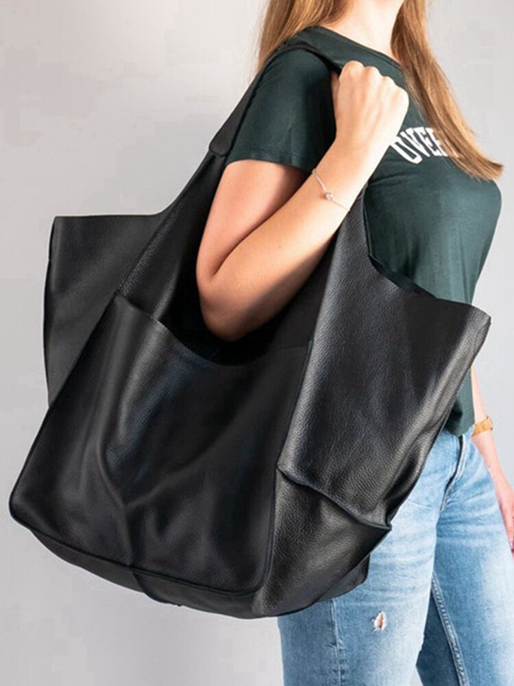 Vintage Schoudertas Vrouwen Trend Luxe Handtas Grote Capaciteit Shopper Bag Vrouwelijke Tote Zachte Pu Lederen Shopper: Black