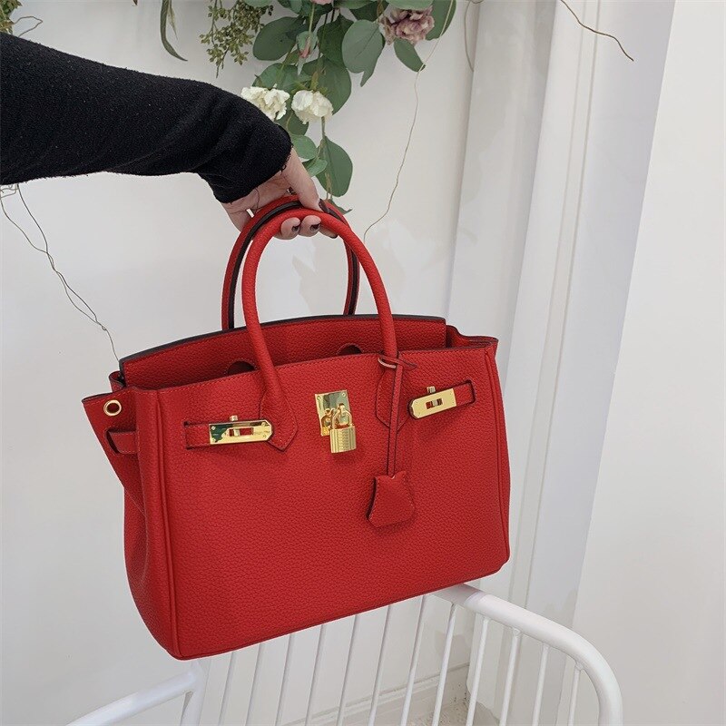 litchi pattern platinum bag 30cm buckle handbag Boutique foreign trade popular single shoulder bag 25cm spot: Red Medium