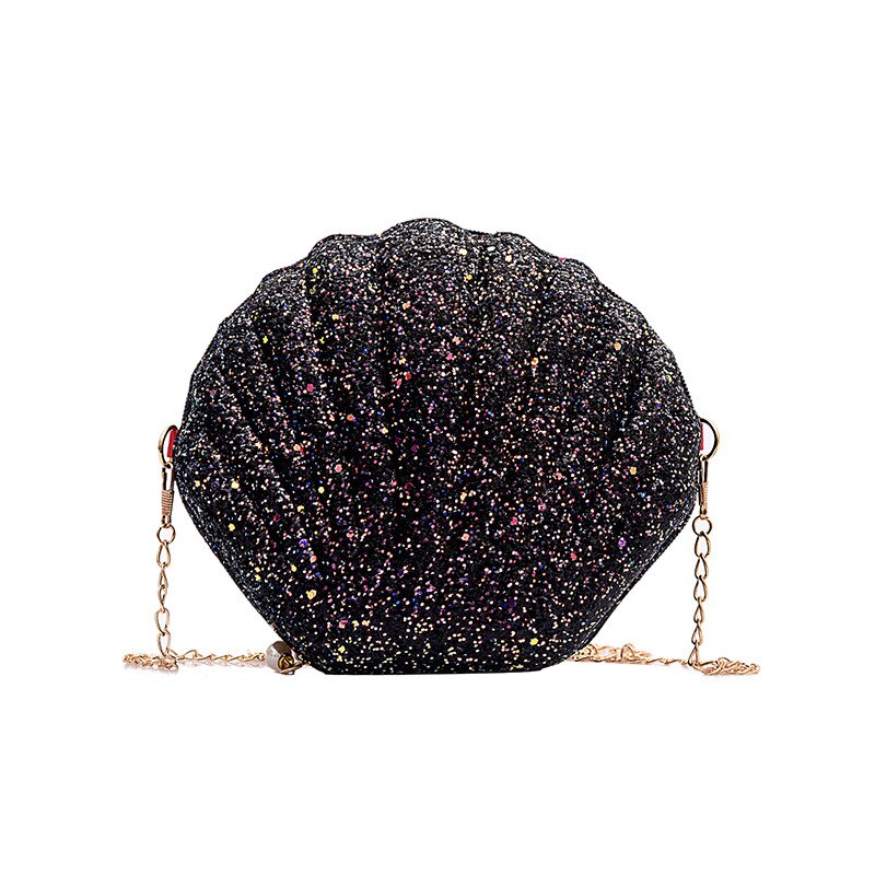 Paillettenbesetzte schultertasche mit kette für damen, handtasche aus pu-leder, niedliche muschelform, mini-tasche, bolsa feminina messenger bag: Schwarz