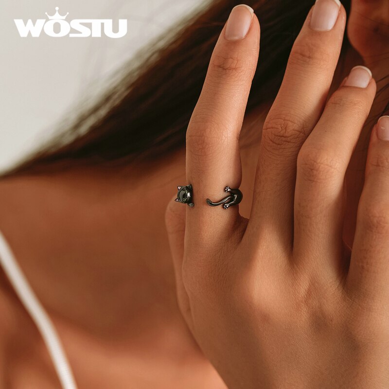 Wostu Verstelbare Authentieke 925 Sterling Silver Zwarte Kat Engagement Open Ringen Voor Vrouwen Vrouwelijke Originele Sieraden CTR217
