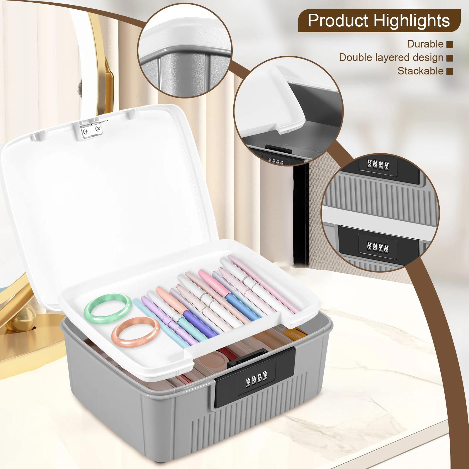 Caja de seguridad con bloqueo de contraseña, organizador de privacidad robusto para el hogar, caja de documentos y identificación, gran capacidad bloqueable para caja de almacenamiento de escritorio