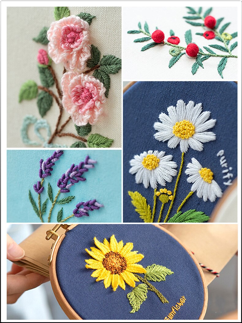 Beginner Embroidery Kit Flowers Pattern Diy Embroidery Full Kits Embroidered On Clothes Cross Stitch Sewing Embroideri With Hoop