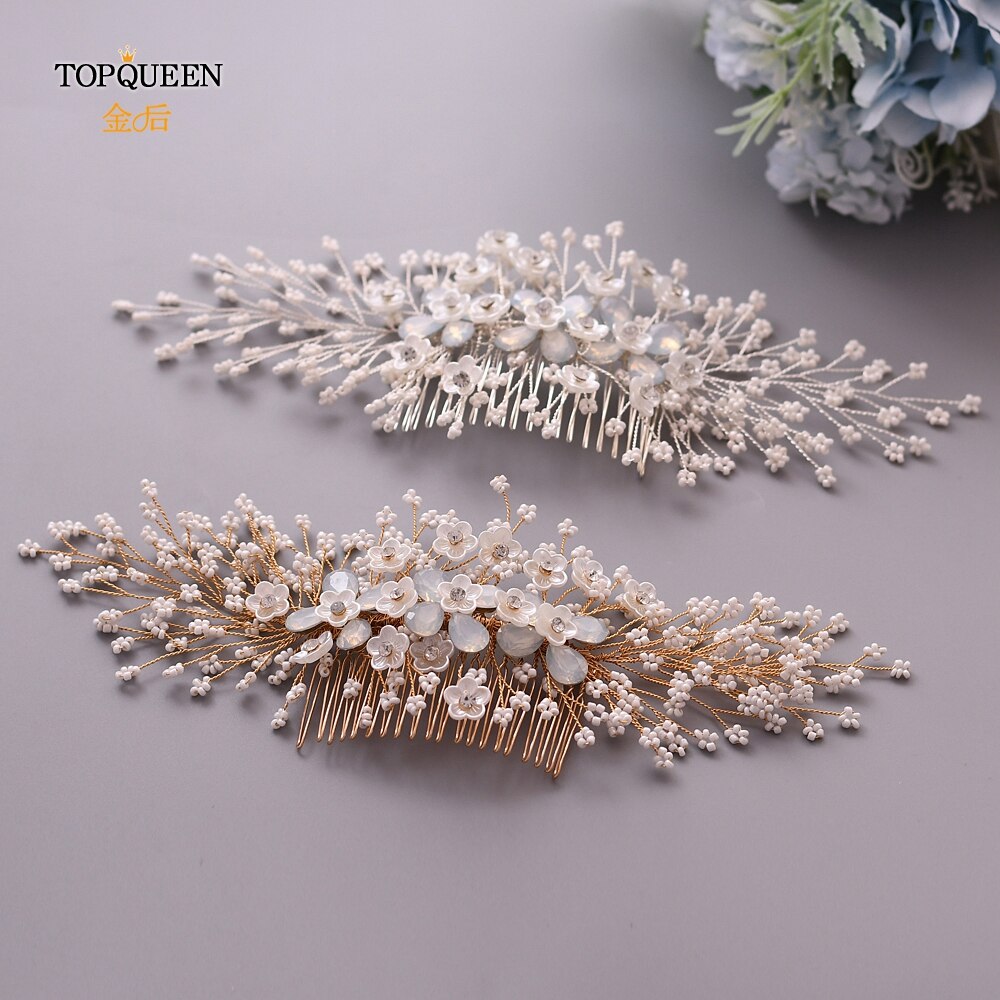 Topqueen  hp279 bloemen haarkam kralen haarkam bruiloft gouden zilveren haarkam juweel haarspeld bruids haarsieraden bruids tiara