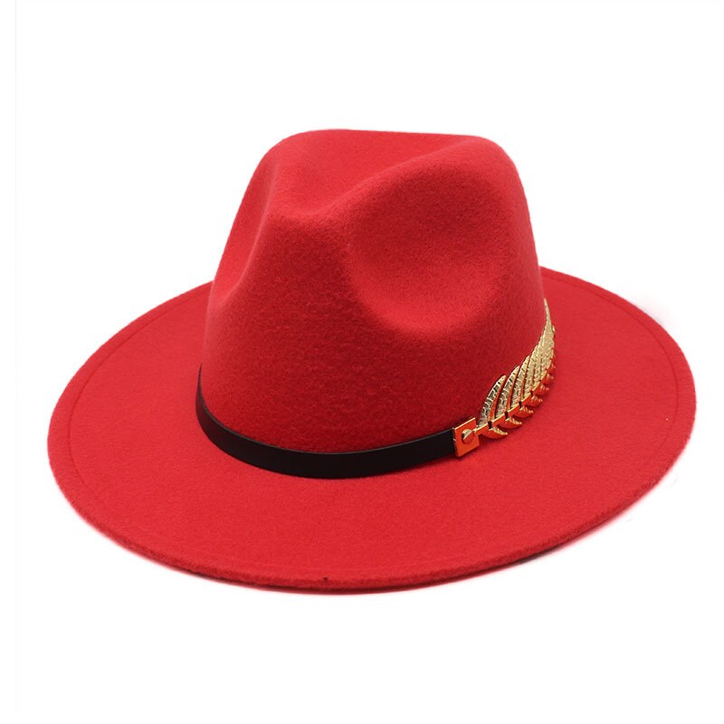 Chapeau en laine à large bord pour femme, chapeau avec chaîne de feuilles en métal, style Jazz, britannique, rétro, Fedora, à la , église, Panama, automne et hiver: Red / M 56-58CM