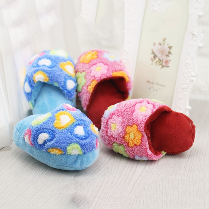 Chanclas para mascotas precioso estampado de flores, juguete para perros, mascota cachorro masticable, forma de zapatilla de felpa, juguetes chirriantes para perros, mascotas de Color azul y rosa