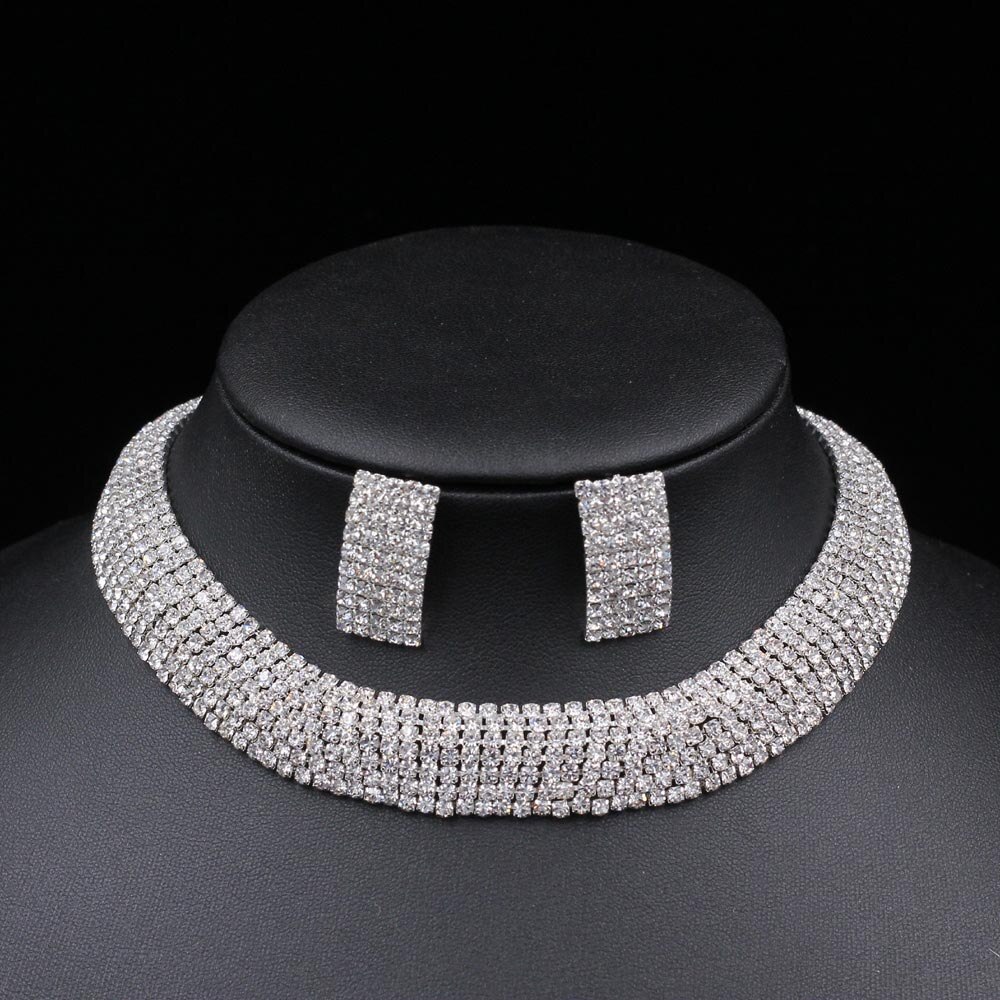 TREAZY Bridal Crystal Jewelry Set Silver Plated Diamante Rhinestone Choker Necklace Earrings Set for Women Wedding Prom: Default Title