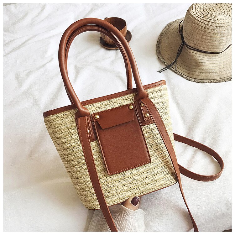 Sacs à main en rotin tissé pour femmes, sacs messenger à épaule, sac de plage d'été en pu patchwork, sacs en paille seau, bourses décontracté: Brown