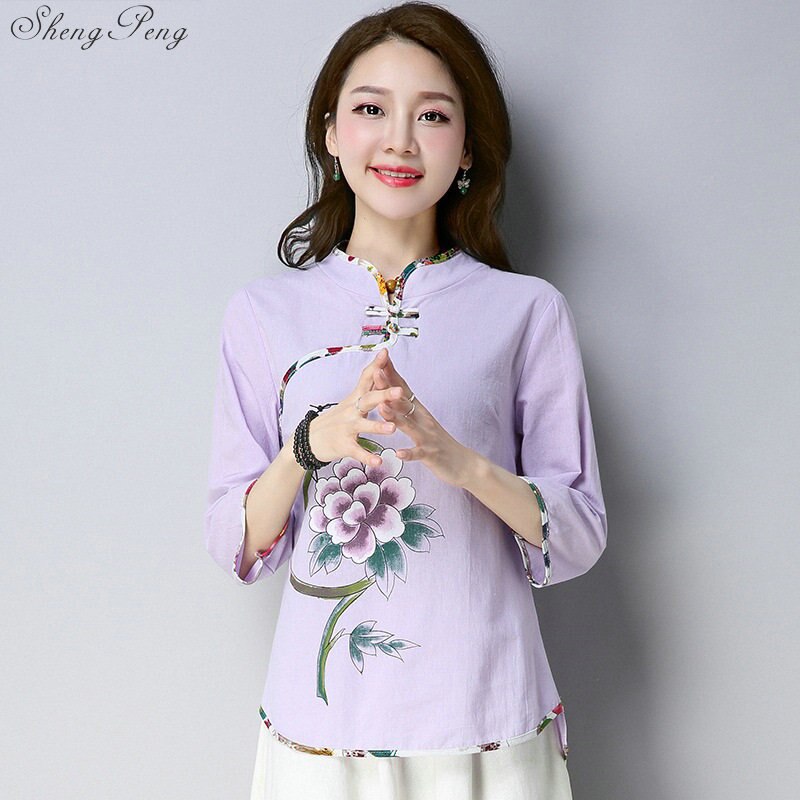 Traditional chinese blouse shirt tops for women mandarin collar oriental linen shirt blouse female winter cheongsam top Q732