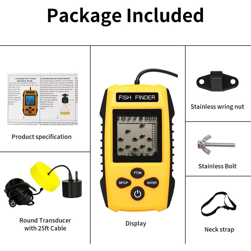Portable Fish Finder Wired HandheldSonar Fishfinder LCD Display with Water Depth Fish Location Fish Size Weeds and Rock