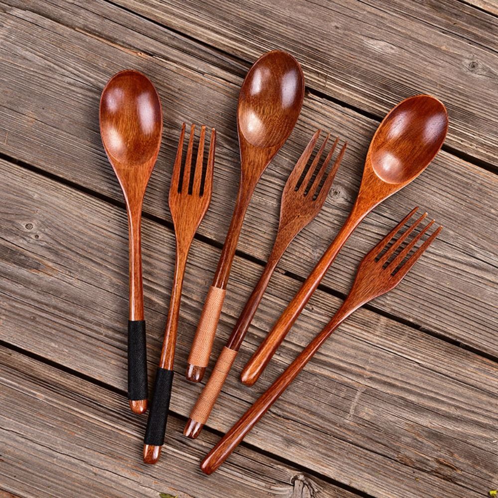 Cuchara de madera Natural, tenedor, Kit de cena, utensilio para sopa de arroz, cereales, utensilios de cocina caseros hechos a mano, vajilla, cubiertos para Cocina