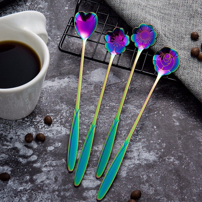 16 Types Stainless Steel Spoon With Long Handle Ice Spoon Coffee Spoon Flowers Heart Shape Dessert Spoon Kitchen Gadget