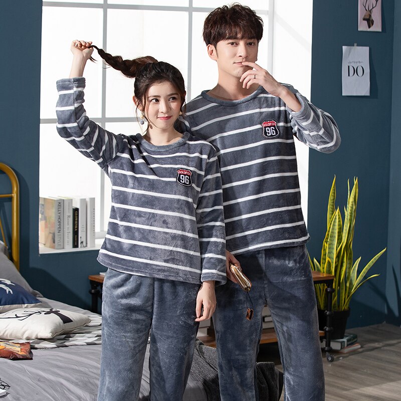 Pijamas de otoño e invierno para parejas, ropa de dormir, conjunto de amantes, estampado a rayas de manga larga, para hombres y mujeres,