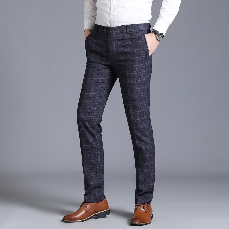 Zipper Fly Pocket Side Checked Suit Pants Men Casual Steetwear Business Casual Plaid Pants Formal Office Trousers