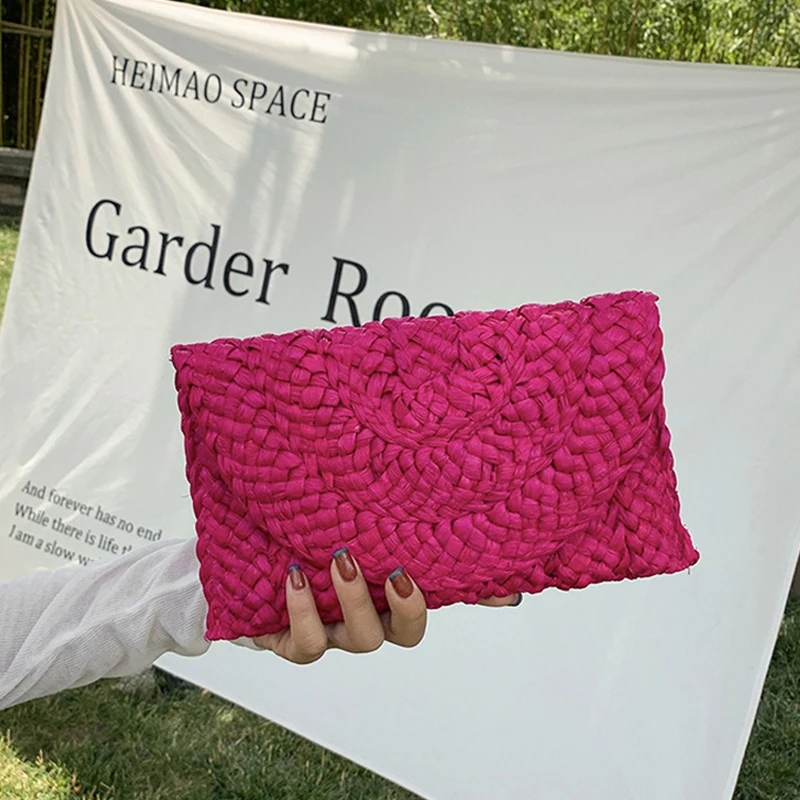 Yogodlns bolso de mano tejido de cáscara de maíz para cena, bolso grande de paja Simple a la para mujer, cartera informal de verano para vacaciones para mujer
