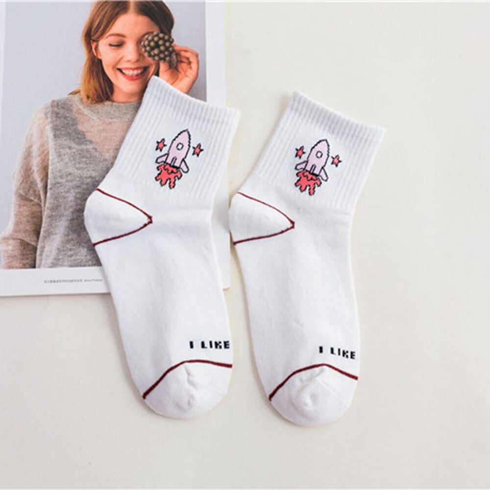 Women Socks Cartoon White Cute Banana Milk Dinosaur Cotton Warmth Long Socks Cute Funny Illustration Letter Socks: rocket