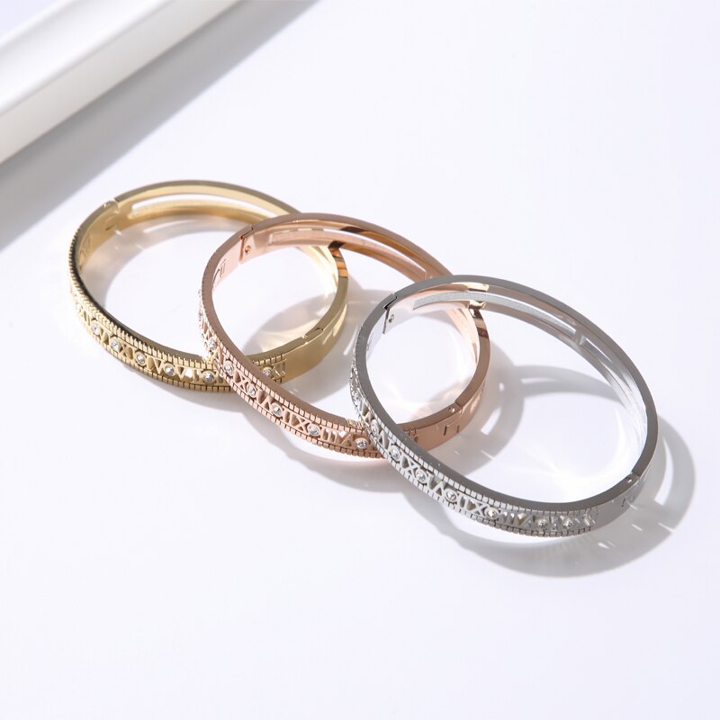Luxury Hollow Roman Numerals Letter Stainless Steel Bangles For Women CZ Crystal Rinestone Women&#39;s Bracelet Jewelry Girl