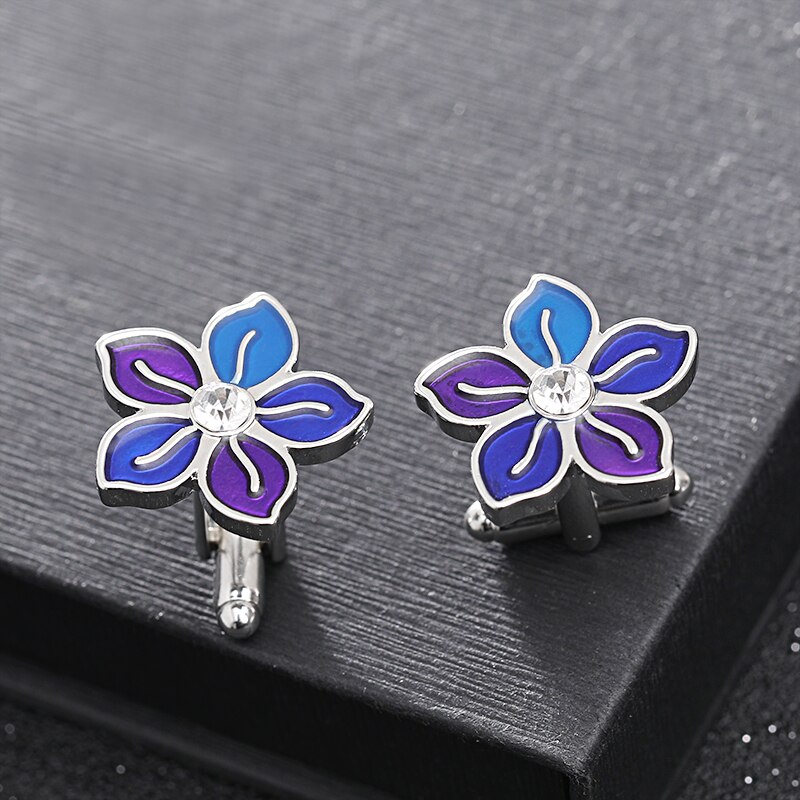 Boutons de manchette à fleurs pour hommes et femmes d&#39;affaires, boutons de manchette en cristal violet vif