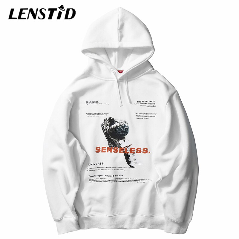 LENSTID Men Hip Hop Winter Fleece Pullover Hoodies Spaceman Print Harajuku Streetwear Autumn Cotton Warm Hooded Sweatshirts