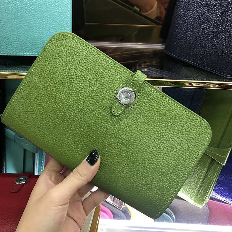 Gran venta de carteras de para mujer, carteras de cuero de grano de lichi con cremallera, billetera de para mujer, carteras y bolsos: Green