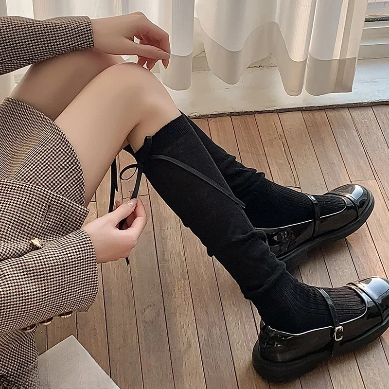 Lolita Long Socks Women Bandage Ribbon Bow Sweet Girls Kawaii Cute Middle Tube Socks Ballet Style Solid Color Black White Socks