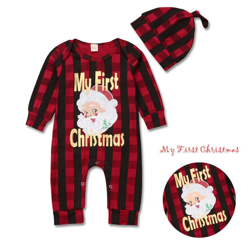 Pudcoco  my 1st jul nyfødt baby dreng pige romper plaid legetøj jumpsuit tøj hat 2 stk outfit 0-24m