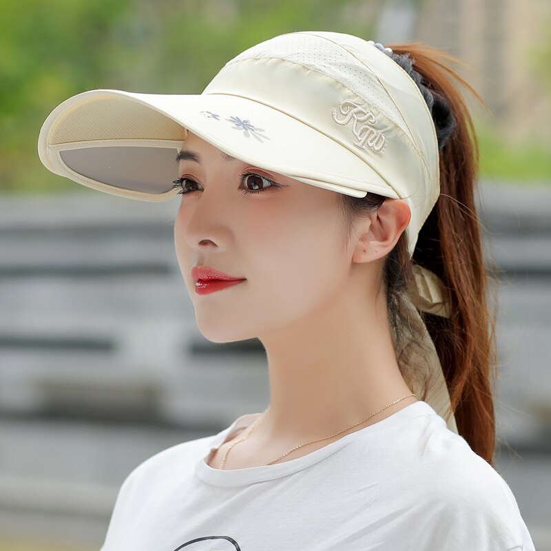 Verano sol sombrero visera gorras mujer escalable ala vacía arriba de béisbol gorra de protección UV playa visera del sol sombreros para las mujeres: beige