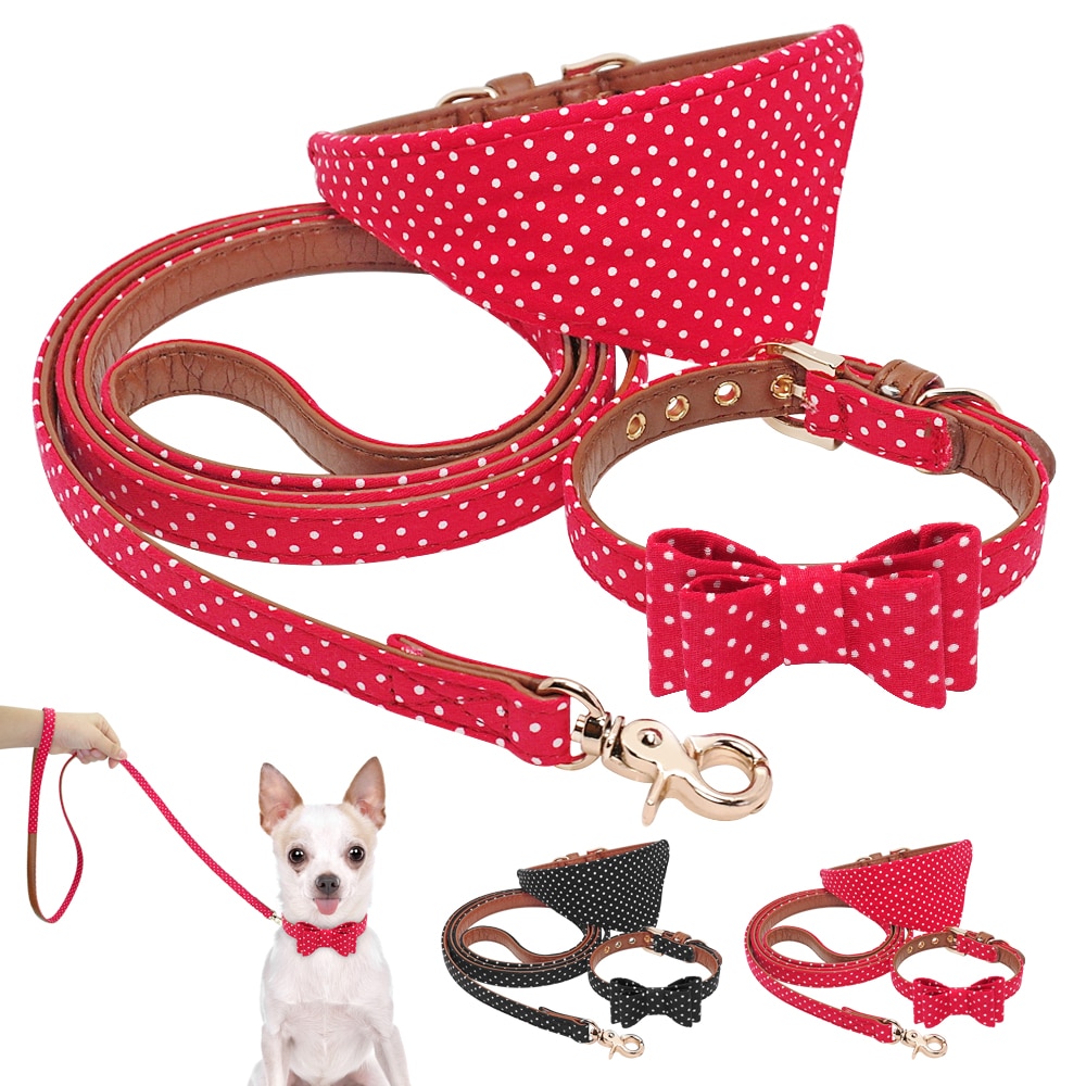 Hond Kat Bandana Kraag Hond Wandelen Leash Leuke Polka Dot Strik Lederen Halsbanden Leash Set Voor Kleine Middelgrote Honden dierbenodigdheden