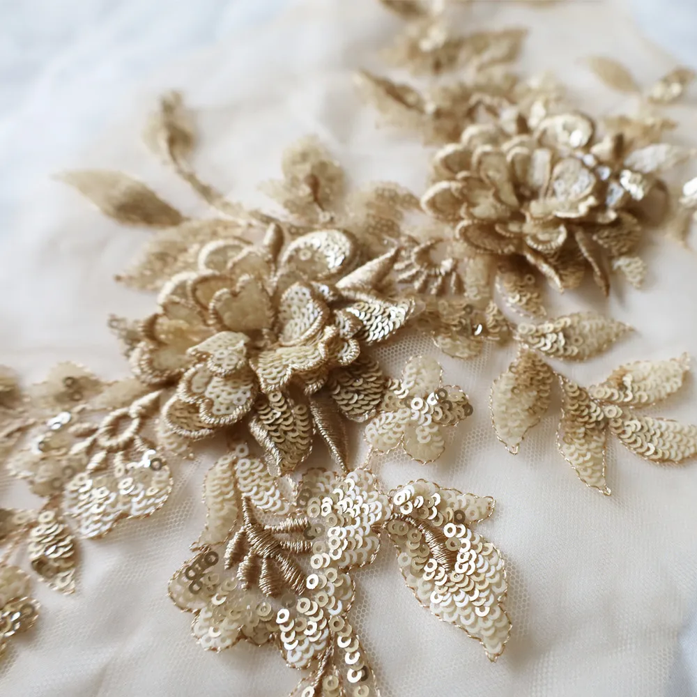 Lantejoulas bordadas flor aplique renda tecido guarnição gola de malha vestido de noiva de casamento remendo de costura vestido de festa decoração artesanato faça você mesmo