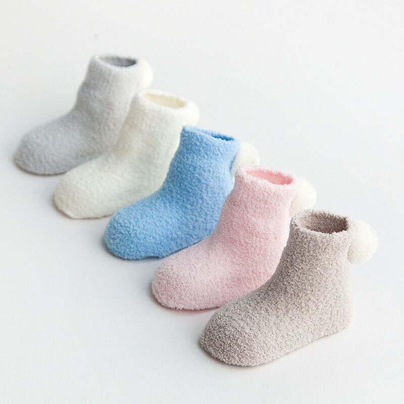 3 paire/lot hiver -né bébé chaussettes corail polaire bébé garçon fille chaussettes avec pompon couleur unie infantile chaussettes