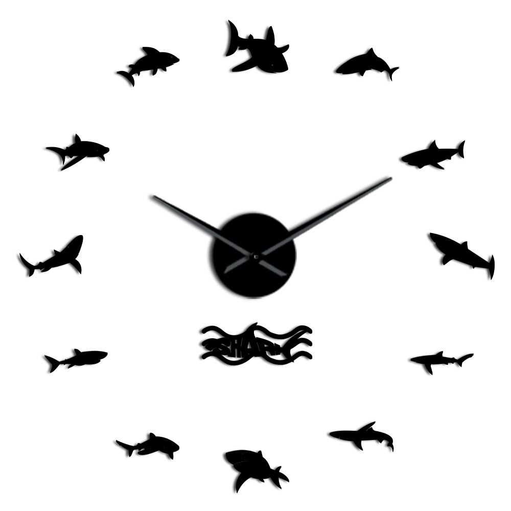 Ocean Sharks Wall Stickers Large Wall Clock Marine life great white shark Kids Bedroom DIY 3D Decoration Wall Clock: Black / 47inch