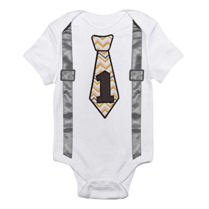 Um tamanho de algodão bebê menino macacão traje crianças carta macacões 1st aniversário outfits recém-nascidos meninos roupas do bebê 12 meses: R3