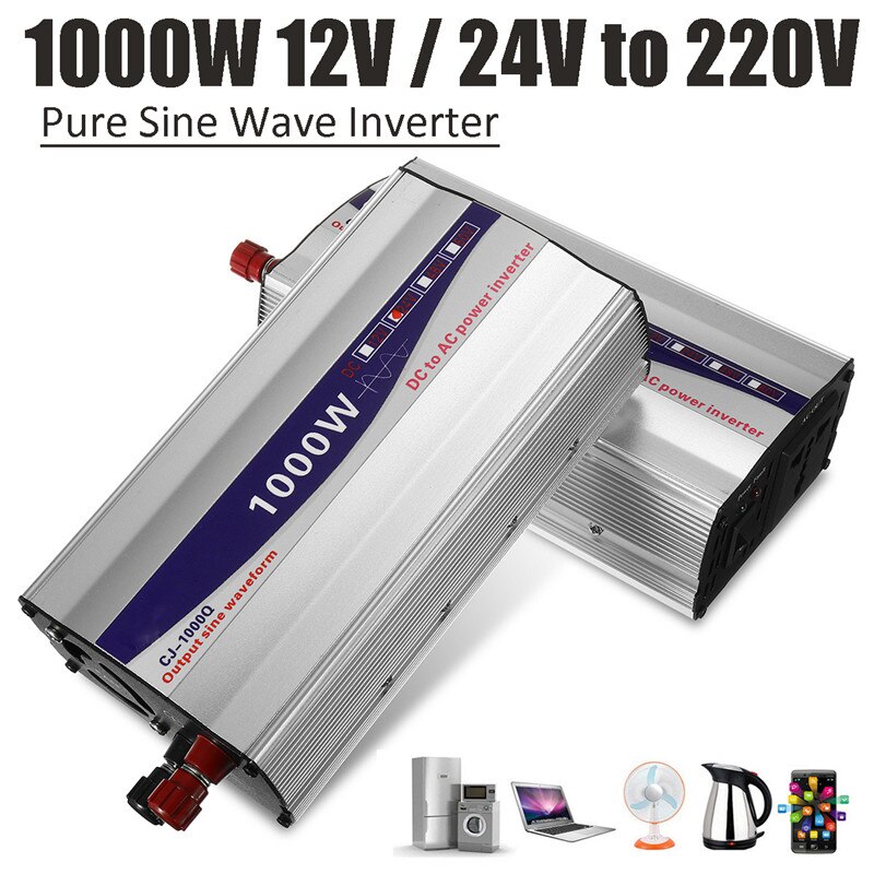 1Set LED Display 1000W Pure Sine Wave Power Inverter 12V/ 24V To 220V Converter Transformer Power Supply Inverter